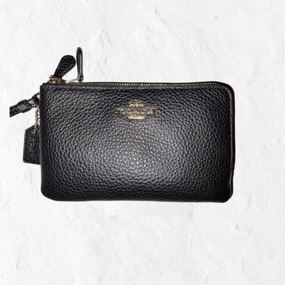 Coach Double Corner Zip Wristlet - Refined Pebble Leather - Black/Gold 6649 NWT